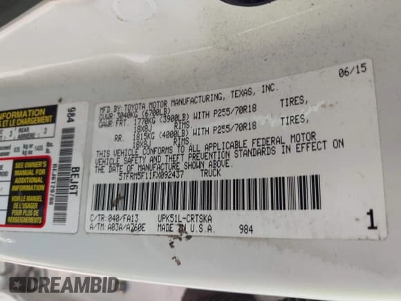 ✅ 2015 Toyota Tundra SR • VIN: 5TFRM5F11FX092437 • Lot: 37873233. Listed on IAAI with 121,920 mi. Free auction sales archive from the USA and detailed vehicle history report at DreamBid. Image 9.