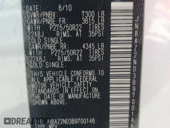 ✅ 2011 Infiniti QX56 8-passenger • VIN: JN8AZ2ND3B9700146 • Lot: 61510435. Listed on Copart with 118,466 mi. Free auction sales archive from the USA and detailed vehicle history report at DreamBid. Image 13.