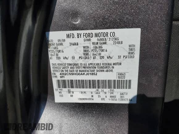 2010 Mercury Mariner Premier с VIN 4M2CN9HG0AKJ01852, выставлен на аукционе Copart как лот 71246375 с пробегом 198 247 миль миль и Чистый • Clean title. История ставок и продаж доступна на DreamBid. Изображение 13.