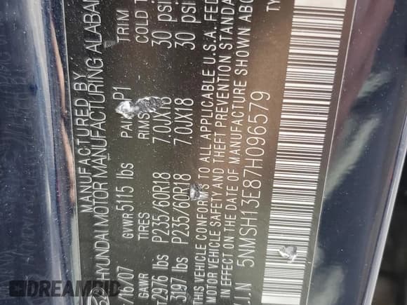 ✅ 2007 Hyundai Santa Fe SE • VIN: 5NMSH13E87H096579 • Lot: 83766154. Listed on Copart with 220,435 mi. Free auction sales archive from the USA and detailed vehicle history report at DreamBid. Image 13.