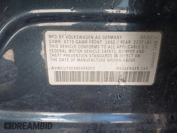 ✅ 2008 Volkswagen Passat 3.6L V6 • VIN: WVWCU73C48E048003 • Lot: 41414998. Listed on IAAI with 71,069 mi. Free auction sales archive from the USA and detailed vehicle history report at DreamBid. Image 9.