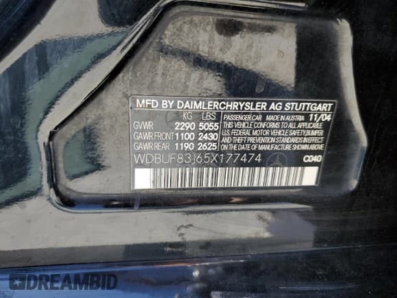 ✅ 2005 Mercedes-Benz E 500 • VIN: WDBUF83J65X177474 • Lot: 64567925. Listed on Copart with 2,156 mi. Free auction sales archive from the USA and detailed vehicle history report at DreamBid. Image 12.