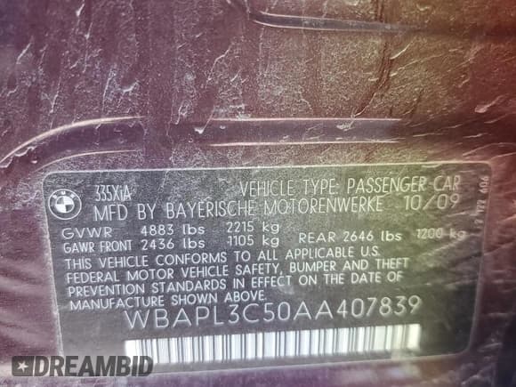 ✅ 2010 BMW 3 Series 335i xDrive • VIN: WBAPL3C50AA407839 • Lot: 52859285. Listed on Copart with 121,486 mi. Free auction sales archive from the USA and detailed vehicle history report at DreamBid. Image 13.