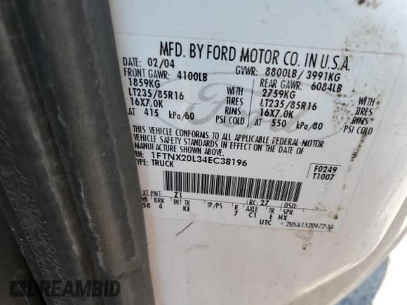 ✅ 2004 Ford F-250 XL • VIN: 1FTNX20L34EC38196 • Lot: 60307245. Listed on Copart with 232,347 mi. Free auction sales archive from the USA and detailed vehicle history report at DreamBid. Image 12.