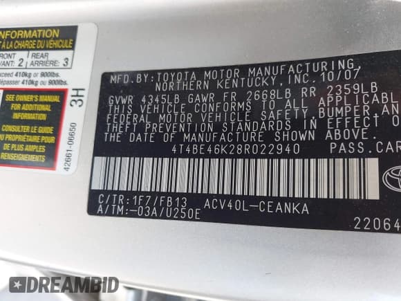 ✅ 2008 Toyota Camry LE • VIN: 4T4BE46K28R022940 • Lot: 42118279. Listed on IAAI with 159,193 mi. Free auction sales archive from the USA and detailed vehicle history report at DreamBid. Image 9.