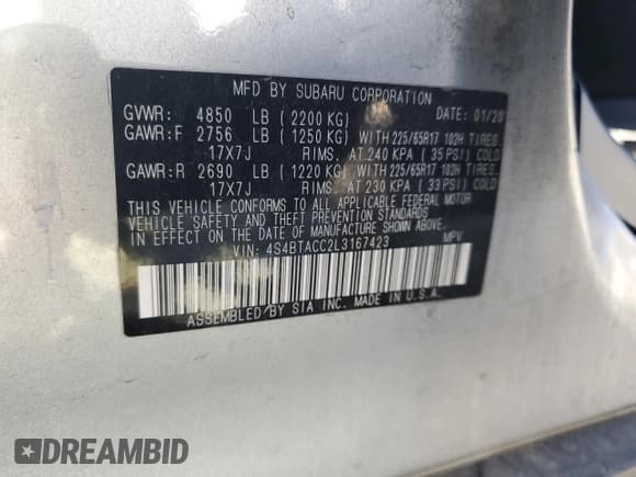 ✅ 2020 Subaru Outback Premium • VIN: 4S4BTACC2L3167423 • Lot: 90503055. Listed on Copart with 75,110 mi. Free auction sales archive from the USA and detailed vehicle history report at DreamBid. Image 13.