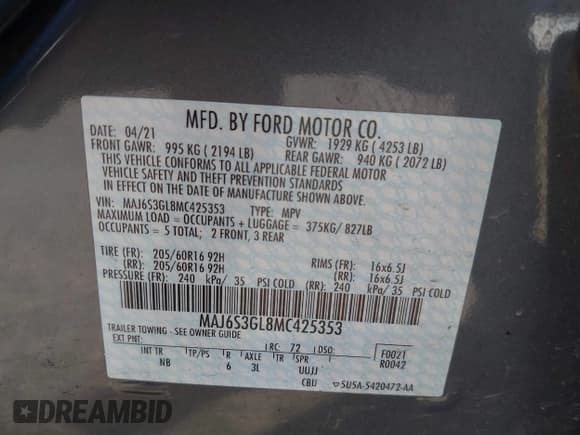 ✅ 2021 Ford EcoSport SE • VIN: MAJ6S3GL8MC425353 • Lot: 42393698. Listed on IAAI with 63,570 mi. Free auction sales archive from the USA and detailed vehicle history report at DreamBid. Image 9.