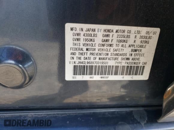 ✅ 2007 Acura TSX • VIN: JH4CL96897C019501 • Lot: 75429134. Listed on Copart with 151,229 mi. Free auction sales archive from the USA and detailed vehicle history report at DreamBid. Image 12.