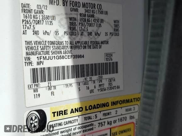 ✅ 2012 Ford Expedition XL • VIN: 1FMJU1G58CEF35984 • Lot: 53677785. Listed on Copart with 117,029 mi. Free auction sales archive from the USA and detailed vehicle history report at DreamBid. Image 13.