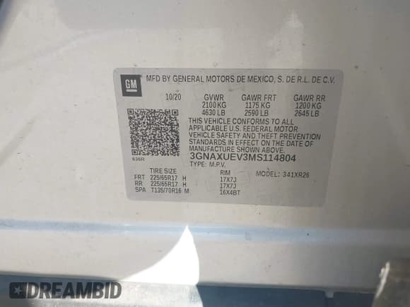 ✅ 2021 Chevrolet Equinox LT • VIN: 3GNAXUEV3MS114804 • Lot: 43555077. Listed on IAAI with 58,313 mi. Free auction sales archive from the USA and detailed vehicle history report at DreamBid. Image 9.