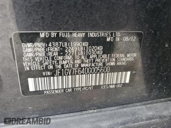 ✅ 2013 Subaru WRX WRX Limited • VIN: JF1GV7F64DG005600 • Lot: 60166225. Listed on Copart with Not provided. Free auction sales archive from the USA and detailed vehicle history report at DreamBid. Image 13.