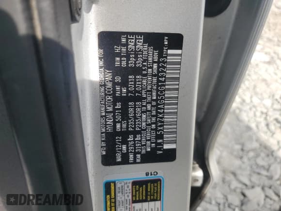 ✅ 2012 Hyundai Santa Fe Limited • VIN: 5XYZK4AG5CG143223 • Lot: 69582444. Listed on Copart with 159,319 mi. Free auction sales archive from the USA and detailed vehicle history report at DreamBid. Image 13.