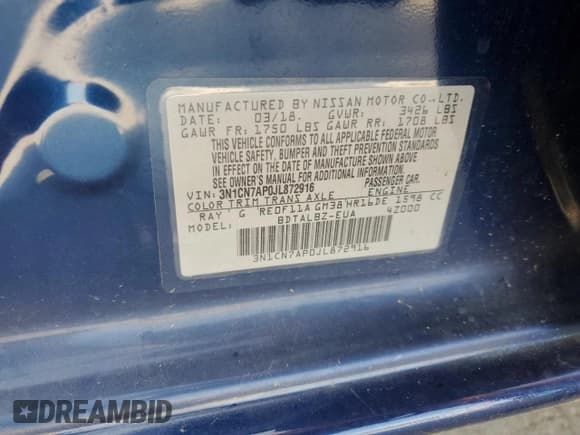 ✅ 2018 Nissan Versa SV • VIN: 3N1CN7AP0JL872916 • Lot: 66030765. Listed on Copart with 63,388 mi. Free auction sales archive from the USA and detailed vehicle history report at DreamBid. Image 12.