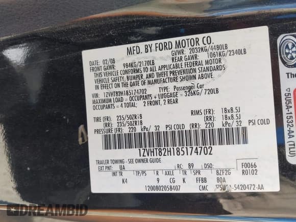 ✅ 2008 Ford Mustang GT Deluxe • VIN: 1ZVHT82H185174702 • Lot: 42978543. Listed on IAAI with 134,685 mi. Free auction sales archive from the USA and detailed vehicle history report at DreamBid. Image 9.