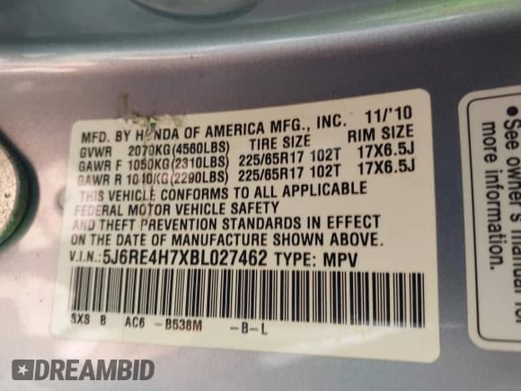 ✅ 2011 Honda CR-V EX-L • VIN: 5J6RE4H7XBL027462 • Lot: 43378605. Listed on IAAI with 180,815 mi. Free auction sales archive from the USA and detailed vehicle history report at DreamBid. Image 9.