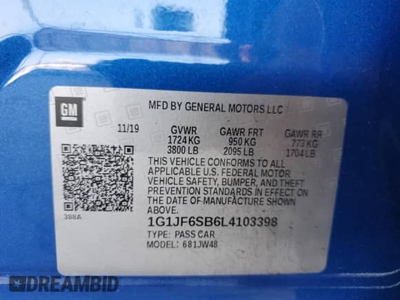 2020 Chevrolet Sonic Premier with VIN 1G1JF6SB6L4103398, listed as a Copart auction lot 75131904 with 45,371 mi miles and Salvage title. Bid and sale history available at DreamBid. Image 14.