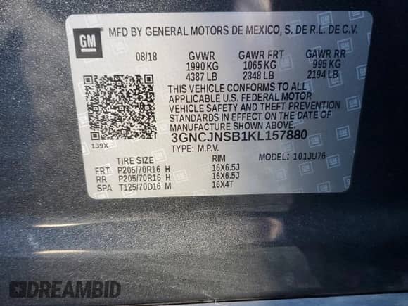 2019 Chevrolet Trax LS с VIN 3GNCJNSB1KL157880, выставлен на аукционе Copart как лот 85135405 с пробегом 99 992 миль миль и Списание • Salvage title. История ставок и продаж доступна на DreamBid. Изображение 13.