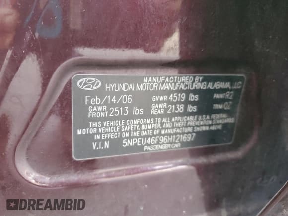 ✅ 2006 Hyundai Sonata GLS • VIN: 5NPEU46F96H121697 • Lot: 85418955. Listed on Copart with 166,631 mi. Free auction sales archive from the USA and detailed vehicle history report at DreamBid. Image 13.