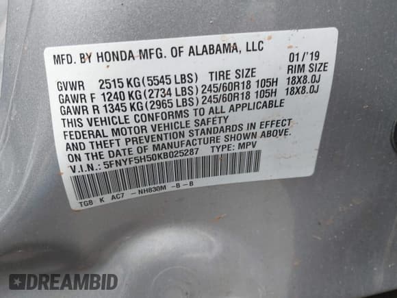 ✅ 2019 Honda Pilot EX-L • VIN: 5FNYF5H50KB025287 • Lot: 42741655. Listed on IAAI with Not provided. Free auction sales archive from the USA and detailed vehicle history report at DreamBid. Image 9.