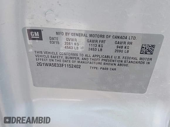 ✅ 2015 Chevrolet Impala LS • VIN: 2G1WA5E33F1152402 • Lot: 43663086. Listed on IAAI with 147,730 mi. Free auction sales archive from the USA and detailed vehicle history report at DreamBid. Image 9.