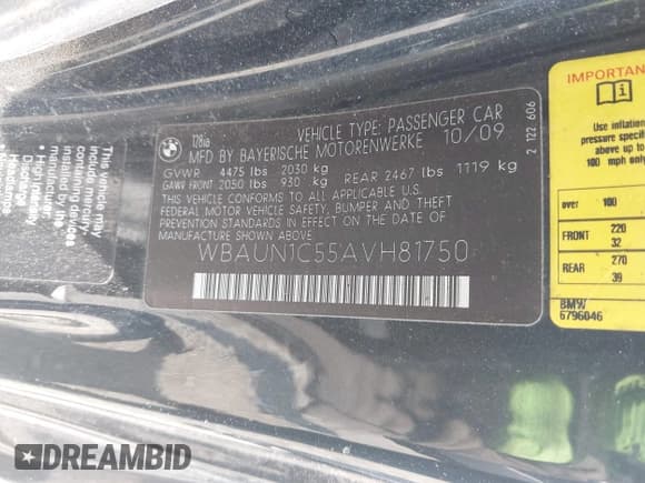 ✅ 2010 BMW 1 Series 128i • VIN: WBAUN1C55AVH81750 • Lot: 42411484. Listed on IAAI with 124,432 mi. Free auction sales archive from the USA and detailed vehicle history report at DreamBid. Image 9.