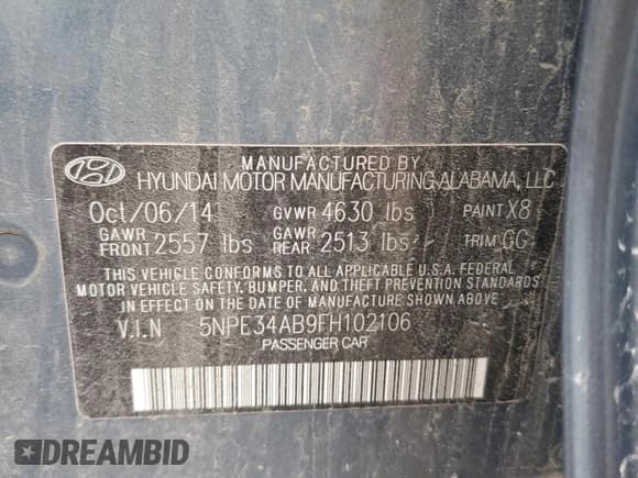 ✅ 2015 Hyundai Sonata Sport • VIN: 5NPE34AB9FH102106 • Lot: 81496145. Listed on Copart with 63,584 mi. Free auction sales archive from the USA and detailed vehicle history report at DreamBid. Image 12.