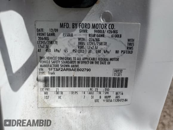 ✅ 2010 Ford F-250 • VIN: 1FTSF2AR9AEB02790 • Lot: 44828744. Listed on Copart with 71,942 mi. Free auction sales archive from the USA and detailed vehicle history report at DreamBid. Image 12.