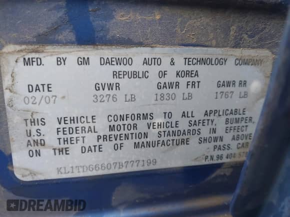 2007 Chevrolet Aveo LS with VIN KL1TD66607B777199, listed as a IAAI auction lot 42232845 with 255,666 mi miles and . Bid and sale history available at DreamBid. Image 9.