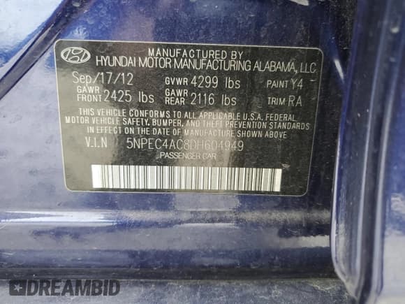 ✅ 2013 Hyundai Sonata SE • VIN: 5NPEC4AC8DH604949 • Lot: 70630974. Listed on Copart with 104,898 mi. Free auction sales archive from the USA and detailed vehicle history report at DreamBid. Image 12.