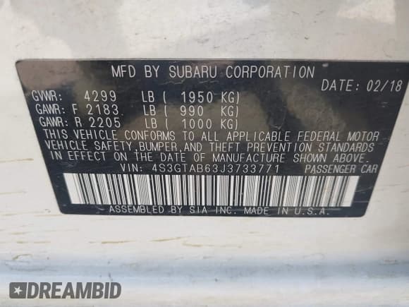 ✅ 2018 Subaru Impreza Premium • VIN: 4S3GTAB63J3733771 • Lot: 43139944. Listed on IAAI with 82,357 mi. Free auction sales archive from the USA and detailed vehicle history report at DreamBid. Image 9.
