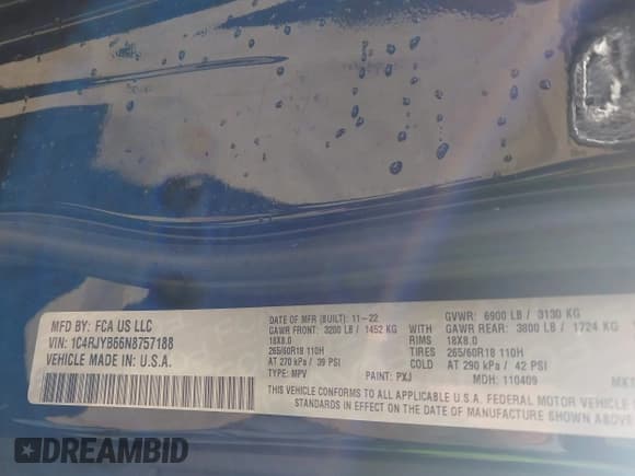 ✅ 2022 Jeep Grand Cherokee • VIN: 1C4RJYB66N8757188 • Lot: 43411033. Listed on IAAI with 27,381 mi. Free auction sales archive from the USA and detailed vehicle history report at DreamBid. Image 9.