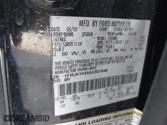 ✅ 2010 Ford Expedition Max Limited • VIN: 1FMJK1K55AEB57648 • Лот: 43800804. Опубликован ранее на IAAI с пробегом 180 631 миль. Бесплатный доступ к архиву аукционных продаж из США и подробный отчёт об истории автомобиля на DreamBid. Изображение 9.