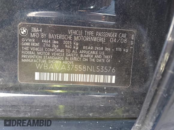 ✅ 2008 BMW 3 Series 328i • VIN: WBAVA37558NL53576 • Lot: 43862760. Listed on IAAI with 204,913 mi. Free auction sales archive from the USA and detailed vehicle history report at DreamBid. Image 9.