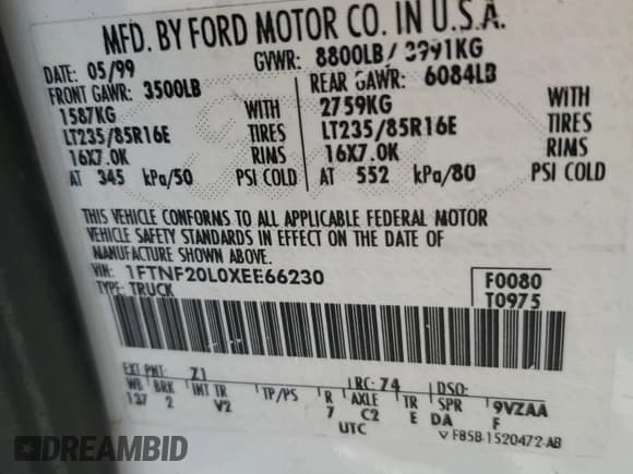 ✅ 1999 Ford F-250 XL • VIN: 1FTNF20L0XEE66230 • Lot: 43586355. Listed on Copart with 183,821 mi. Free auction sales archive from the USA and detailed vehicle history report at DreamBid. Image 12.