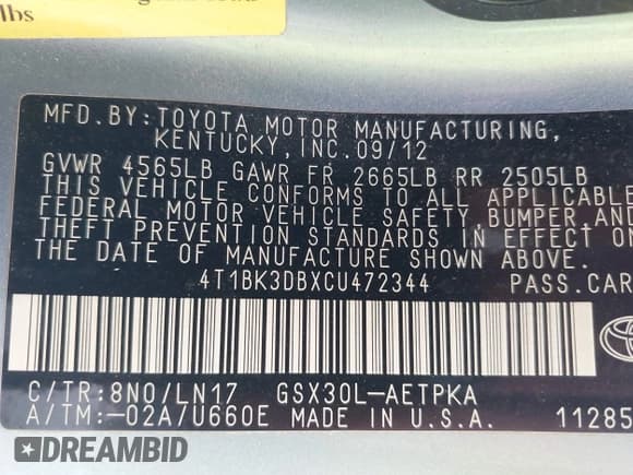 ✅ 2012 Toyota Avalon • VIN: 4T1BK3DBXCU472344 • Lot: 42482610. Listed on IAAI with 60,682 mi. Free auction sales archive from the USA and detailed vehicle history report at DreamBid. Image 9.