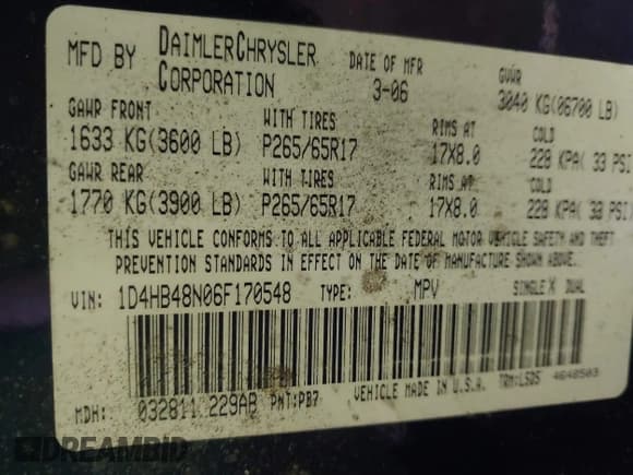 ✅ 2006 Dodge Durango SLT • VIN: 1D4HB48N06F170548 • Lot: 43556001. Wystawiony na IAAI z przebiegiem 102 908 mil. Bezpłatny archiwum sprzedaży aukcyjnych z USA i szczegółowy raport historii pojazdu na DreamBid. Zdjęcie 9.