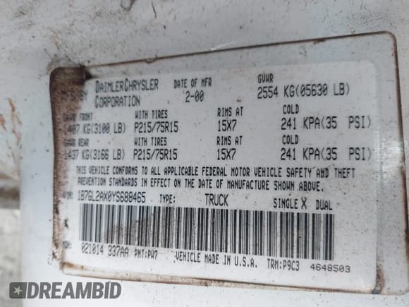 ✅ 2000 Dodge Dakota Sport • VIN: 1B7GL2AX0YS688465 • Lot: 41341012. Wystawiony na IAAI z przebiegiem 283 467 mil. Bezpłatny archiwum sprzedaży aukcyjnych z USA i szczegółowy raport historii pojazdu na DreamBid. Zdjęcie 9.