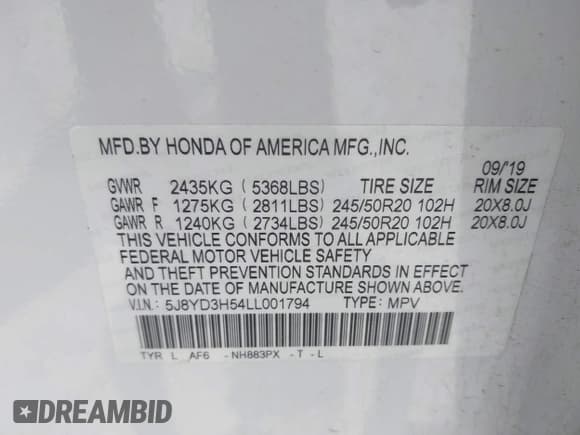 ✅ 2020 Acura MDX Technology • VIN: 5J8YD3H54LL001794 • Lot: 42163756. Listed on IAAI with 51,025 mi. Free auction sales archive from the USA and detailed vehicle history report at DreamBid. Image 9.