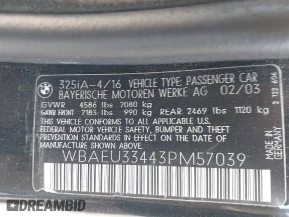 2003 BMW 3 Series 325xi with VIN WBAEU33443PM57039, listed as a IAAI auction lot 42649846 with 187,212 mi miles and . Bid and sale history available at DreamBid. Image 9.