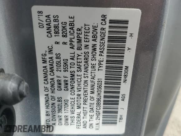 ✅ 2018 Honda Civic Touring • VIN: 2HGFC3B96JH356031 • Лот: 65323265. Опубликован ранее на Copart с пробегом 59 198 миль. Бесплатный доступ к архиву аукционных продаж из США и подробный отчёт об истории автомобиля на DreamBid. Изображение 12.