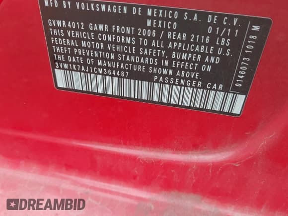 ✅ 2012 Volkswagen Jetta S • VIN: 3VW1K7AJ1CM364487 • Lot: 42442423. Listed on IAAI with 177,382 mi. Free auction sales archive from the USA and detailed vehicle history report at DreamBid. Image 9.