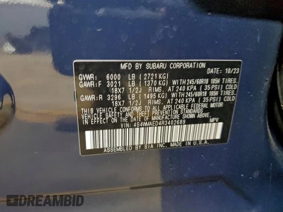 ✅ 2024 Subaru Ascent Premium • VIN: 4S4WMAED4R3402689 • Lot: 94441585. Listed on Copart with 32,082 mi. Free auction sales archive from the USA and detailed vehicle history report at DreamBid. Image 13.