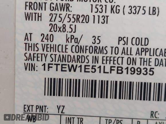 ✅ 2020 Ford F-150 XL • VIN: 1FTEW1E51LFB19935 • Лот: 42090440. Опубликован ранее на IAAI с пробегом 77 295 миль. Бесплатный доступ к архиву аукционных продаж из США и подробный отчёт об истории автомобиля на DreamBid. Изображение 9.