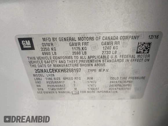 ✅ 2017 Chevrolet Equinox LT • VIN: 2GNALCEKXH6268197 • Lot: 43169027. Listed on IAAI with 77,030 mi. Free auction sales archive from the USA and detailed vehicle history report at DreamBid. Image 9.