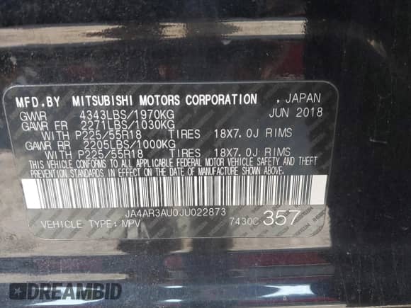 2018 Mitsubishi Outlander ES with VIN JA4AR3AU0JU022873, listed as a IAAI auction lot 42783349 with 204,806 mi miles and . Bid and sale history available at DreamBid. Image 9.