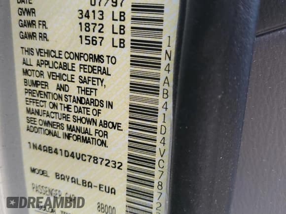 ✅ 1997 Nissan Sentra XE • VIN: 1N4AB41D4VC787232 • Лот: 72568954. Опубликован ранее на Copart с пробегом 109 652 миль. Бесплатный доступ к архиву аукционных продаж из США и подробный отчёт об истории автомобиля на DreamBid. Изображение 12.