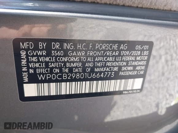 ✅ 2001 Porsche Boxster S • VIN: WP0CB29801U664773 • Лот: 43440031. Опубликован ранее на IAAI с пробегом 75 593 миль. Бесплатный доступ к архиву аукционных продаж из США и подробный отчёт об истории автомобиля на DreamBid. Изображение 9.