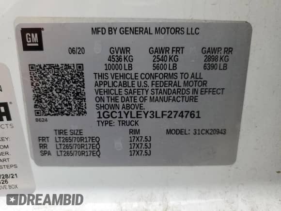2020 Chevrolet Silverado 2500HD Work Truck z VIN 1GC1YLEY3LF274761, wystawiony jako Copart lot #50254035 z przebiegiem Nie podano mil oraz Szkoda całkowita • Salvage title. Historia ofert i sprzedaży dostępna na DreamBid. Obrazek 12.