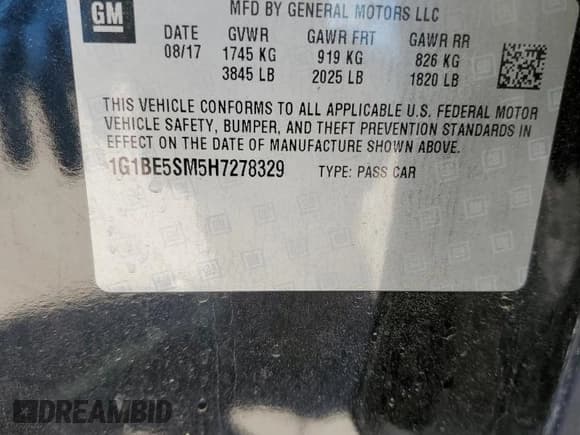 ✅ 2017 Chevrolet Cruze LT • VIN: 1G1BE5SM5H7278329 • Lot: 60663403. Listed on Copart with 65,094 mi. Free auction sales archive from the USA and detailed vehicle history report at DreamBid. Image 13.