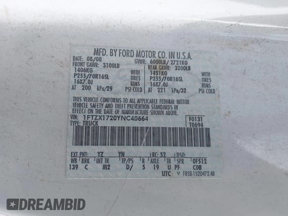 ✅ 2000 Ford F-150 XL • VIN: 1FTZX1720YNC40664 • Лот: 42109556. Опубликован ранее на IAAI с пробегом Не указан. Бесплатный доступ к архиву аукционных продаж из США и подробный отчёт об истории автомобиля на DreamBid. Изображение 9.